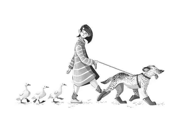 Black and white art of lady with pets