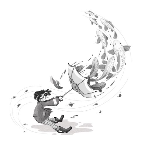 Child gripping umbrella as fish swirl in the air