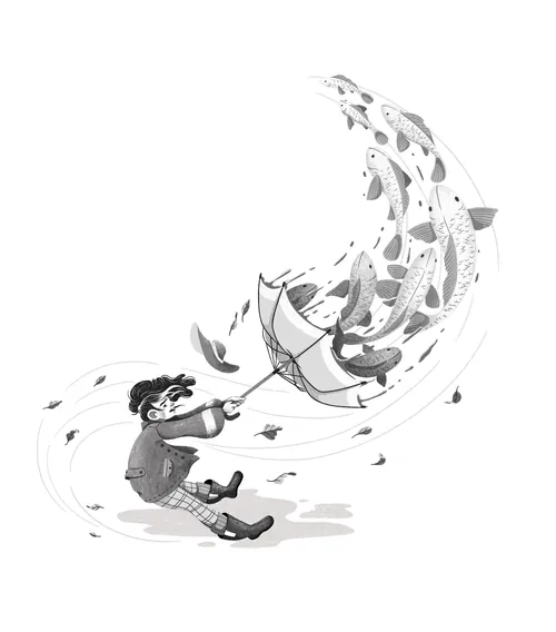 Child gripping umbrella as fish swirl in the air