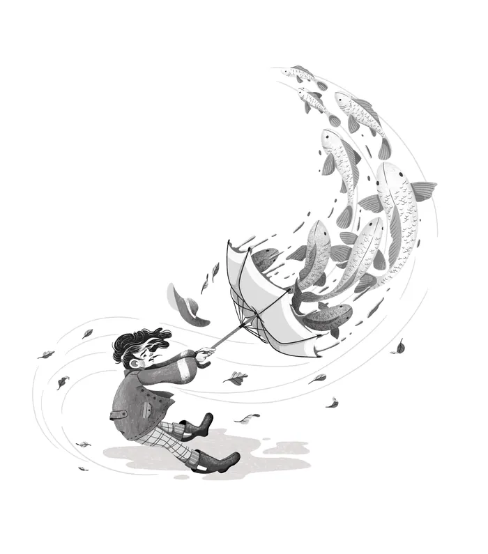 Child gripping umbrella as fish swirl in the air