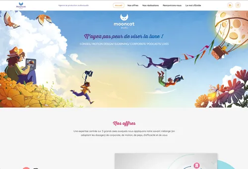 People flying with balloons over hills in a colorful whimsical scene