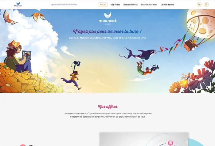People flying with balloons over hills in a colorful whimsical scene