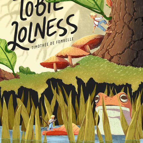 Giant frog and tiny people near large mushrooms and tree trunk