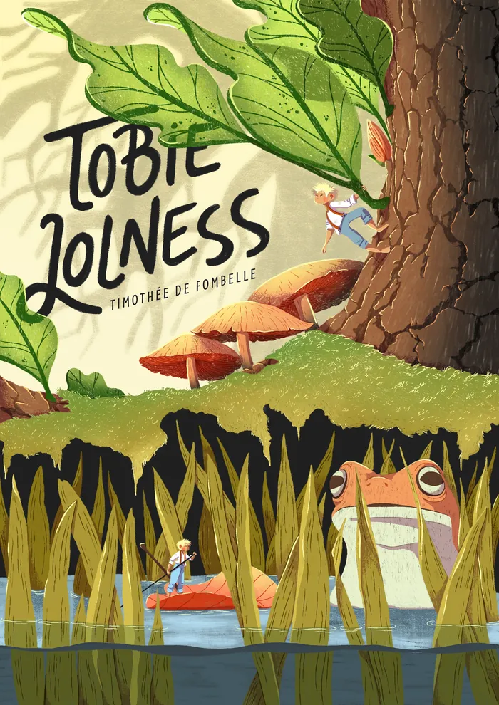 Giant frog and tiny people near large mushrooms and tree trunk