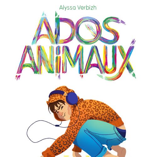 Child in leopard print hoodie with headphones crouching on yellow ground