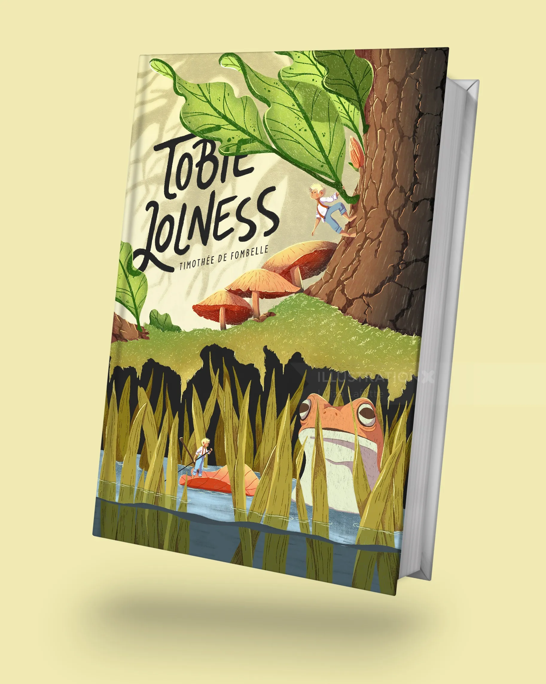 Book cover featuring a large tree, frog, and small people in nature