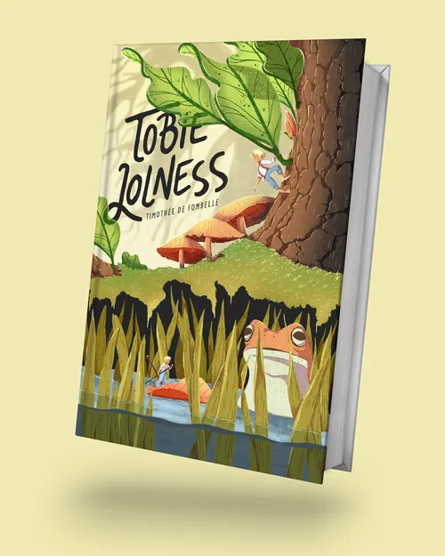 Book cover featuring a large tree, frog, and small people in nature