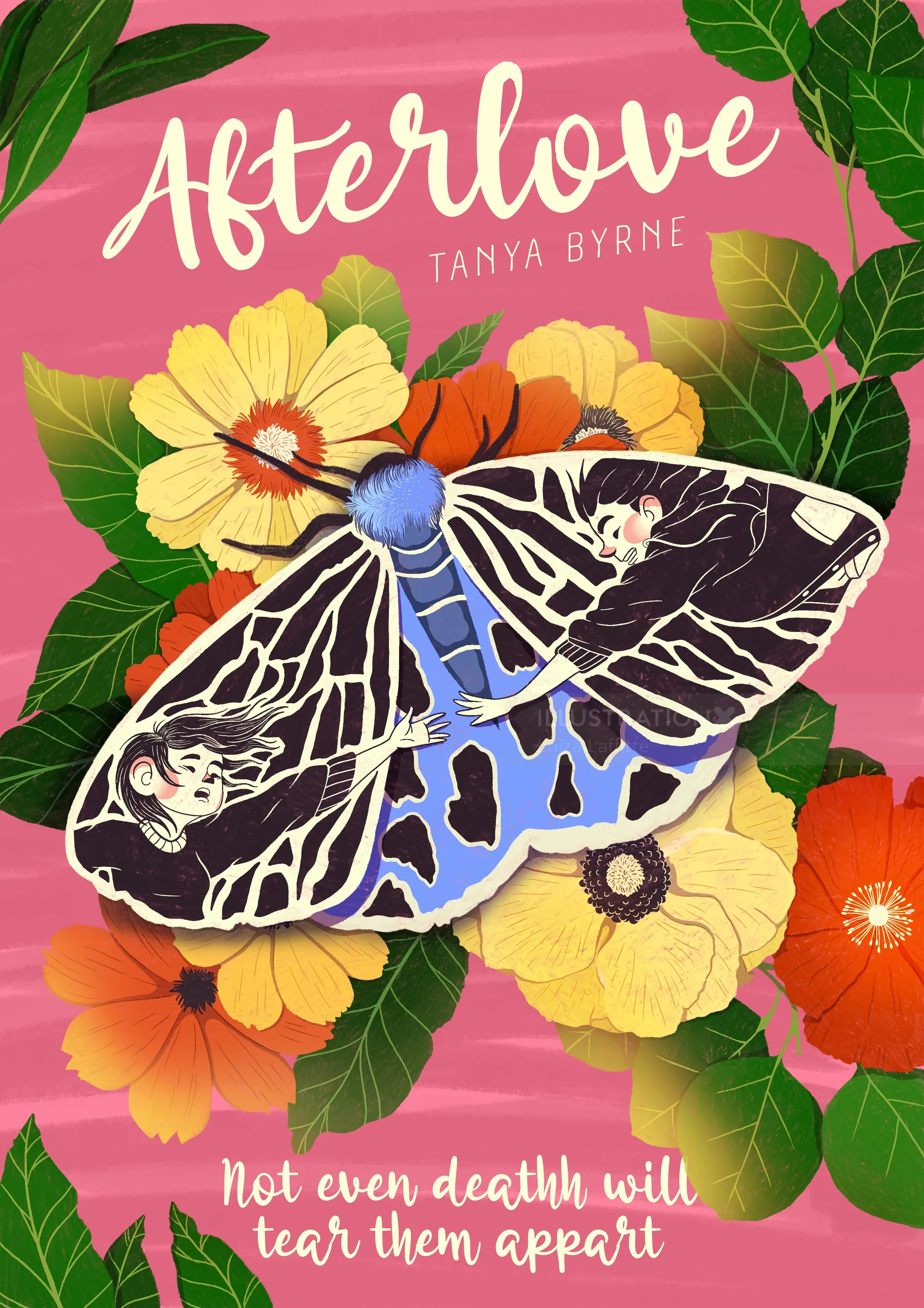Blue and black butterfly on orange and yellow flowers