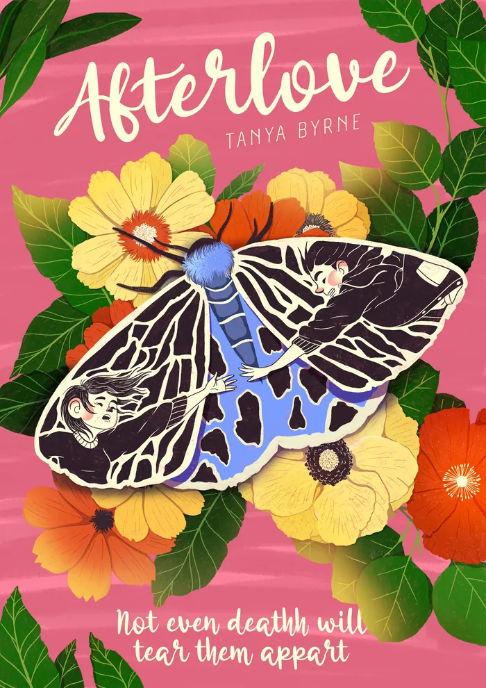 Blue and black butterfly on orange and yellow flowers