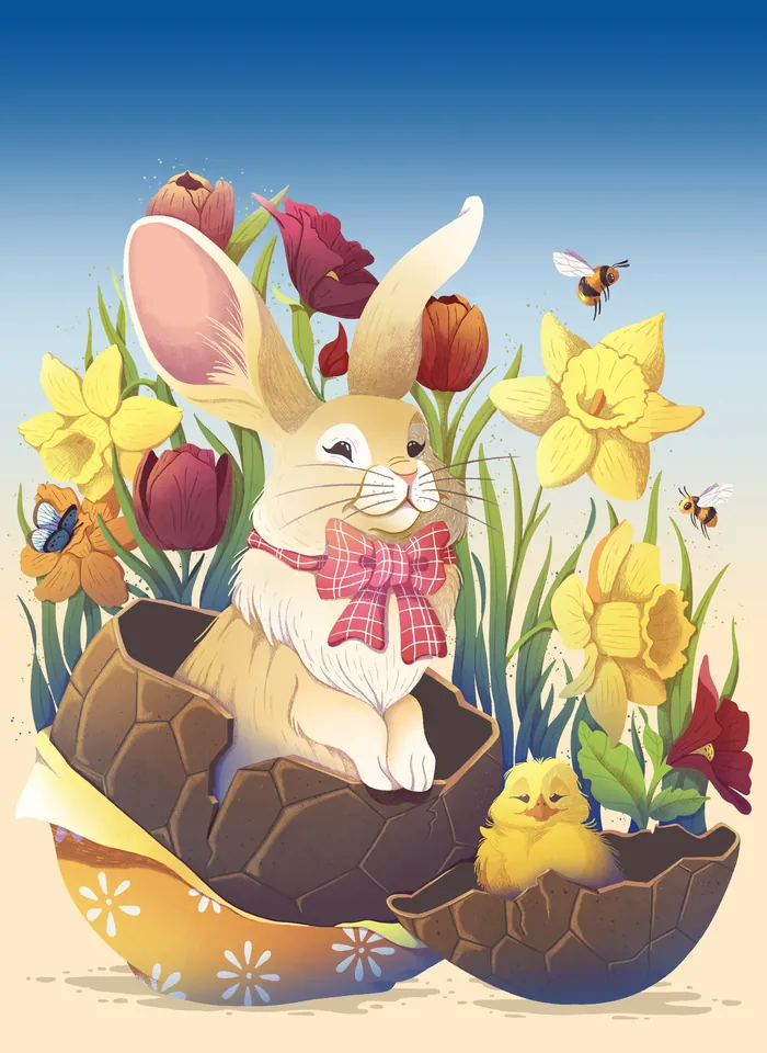 Easter bunny and chicks sitting in cracked eggshells with flowers