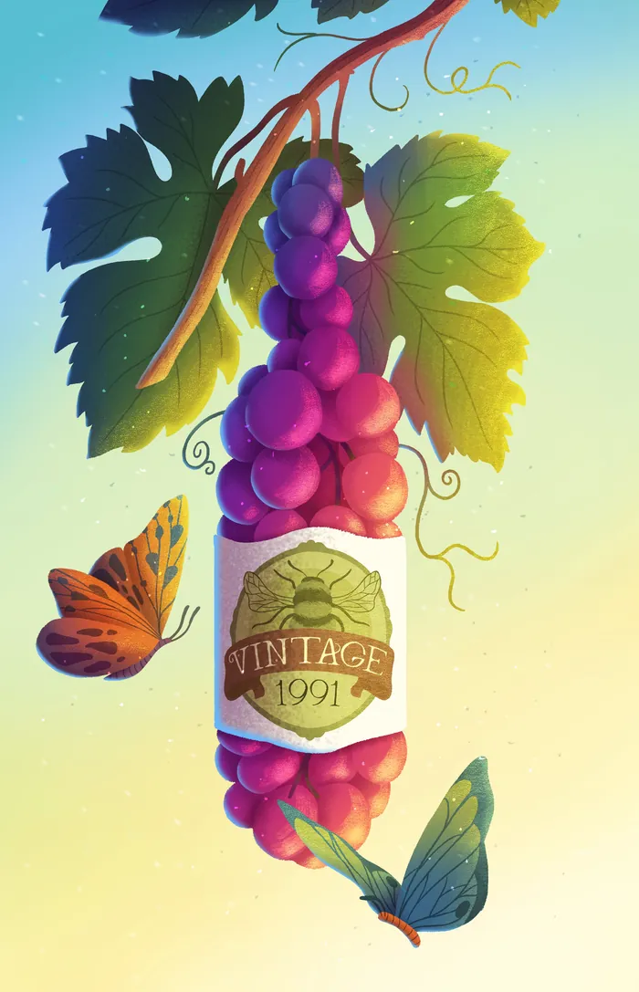 Wine bottle shaped like grapes with Vintage 1991 label and two butterflies