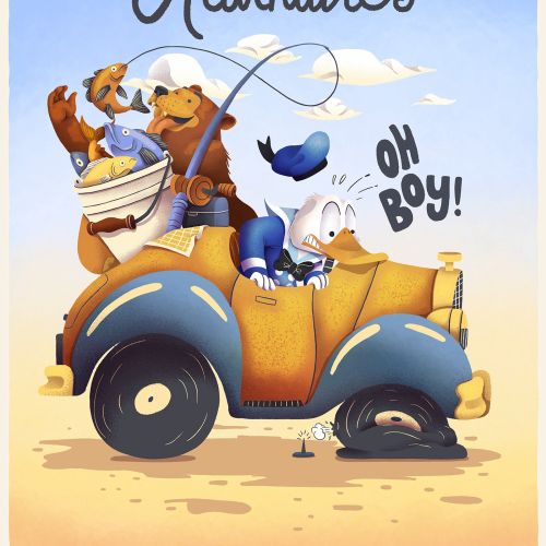 Donald Duck and friends driving a vintage car on an adventure