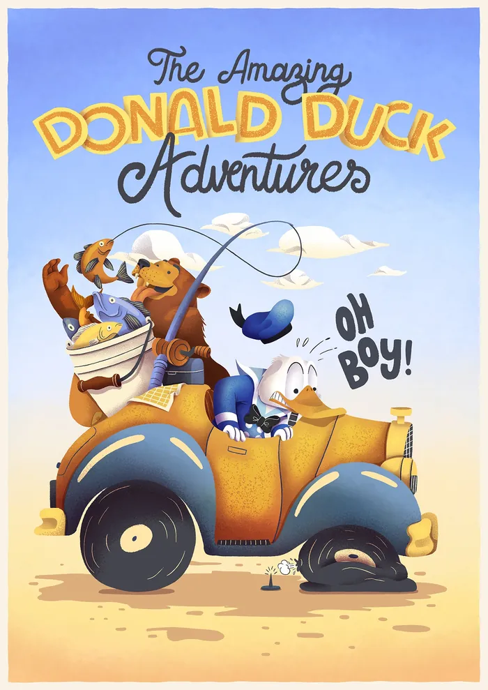 Donald Duck and friends driving a vintage car on an adventure