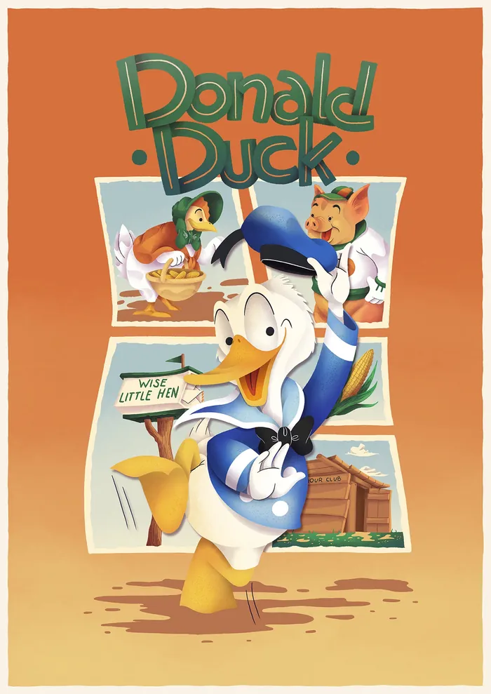 Donald Duck cartoon poster with farm animals and a barn