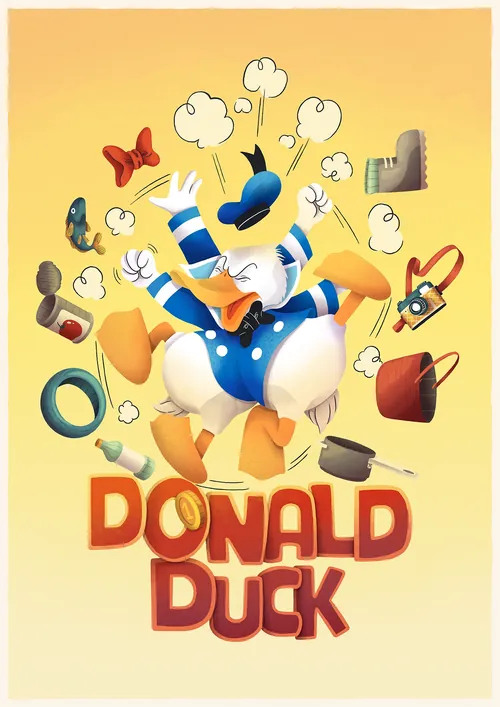 Donald Duck with floating household tools and items on yellow background