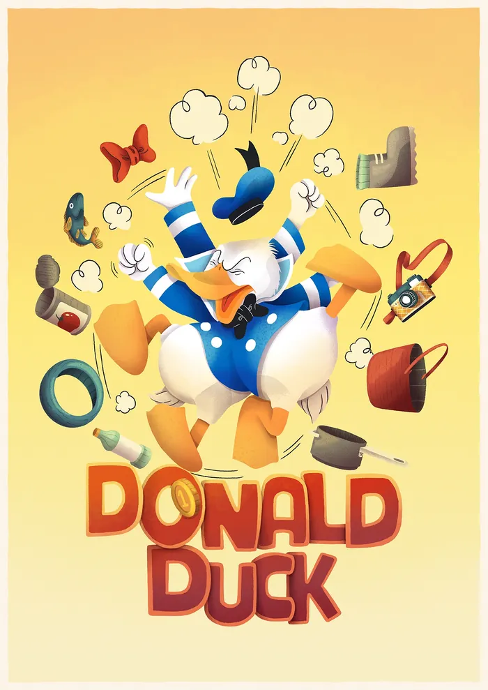 Donald Duck with floating household tools and items on yellow background