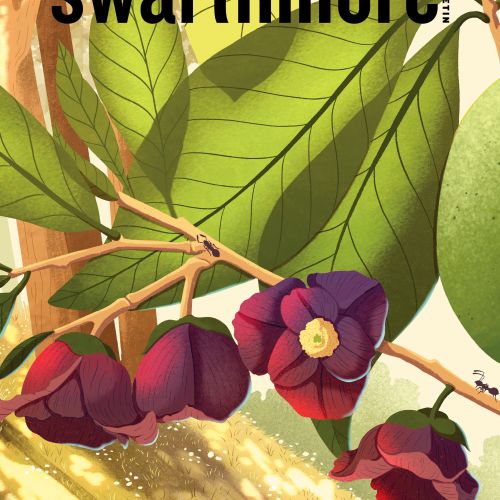 Branch with large green leaves and purple flowers