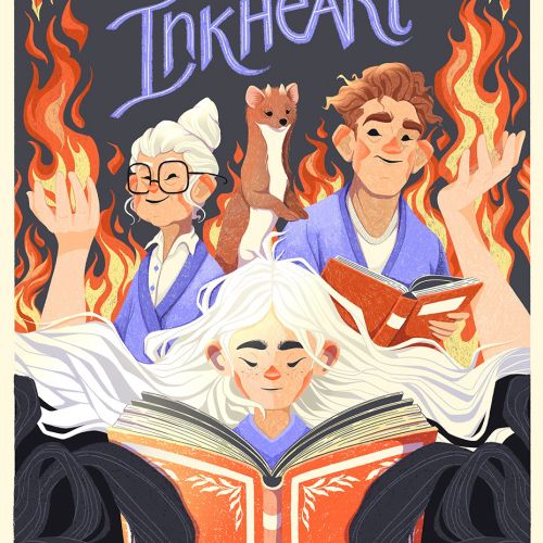 Three characters reading magical books surrounded by flames and a ferret
