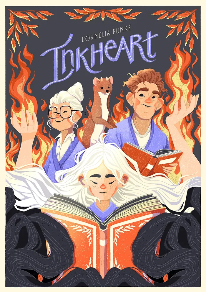 Three characters reading magical books surrounded by flames and a ferret