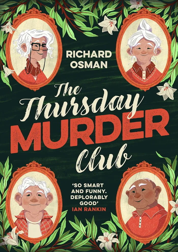 The Thursday Murder Club book cover with four elderly portraits and floral decoration