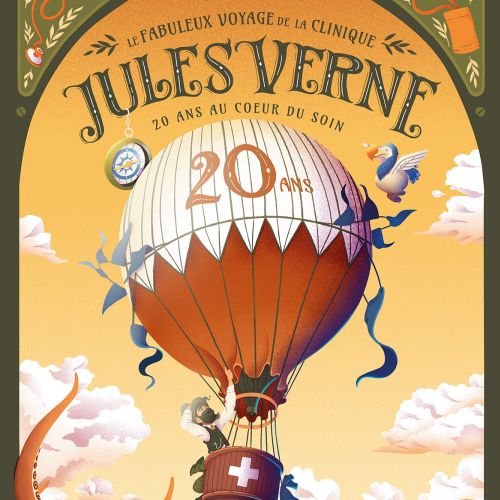 Hot air balloon with Jules Verne text and medical symbol floating in sky