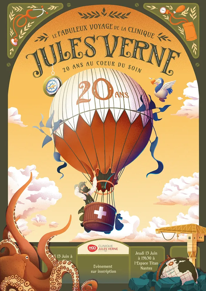 Hot air balloon with Jules Verne text and medical symbol floating in sky