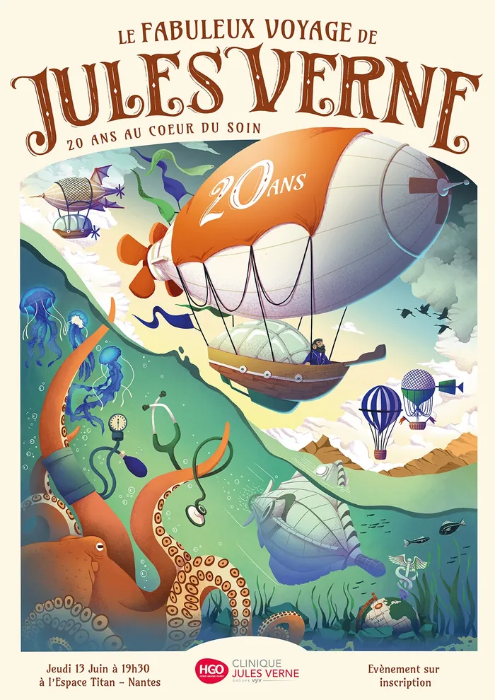 Illustration of a Jules Verne airship with sea creatures and flying machines.
