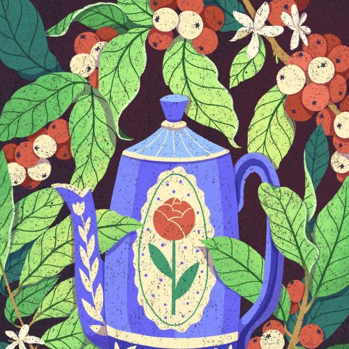 Blue teapot with rose design among coffee plant leaves and white flowers