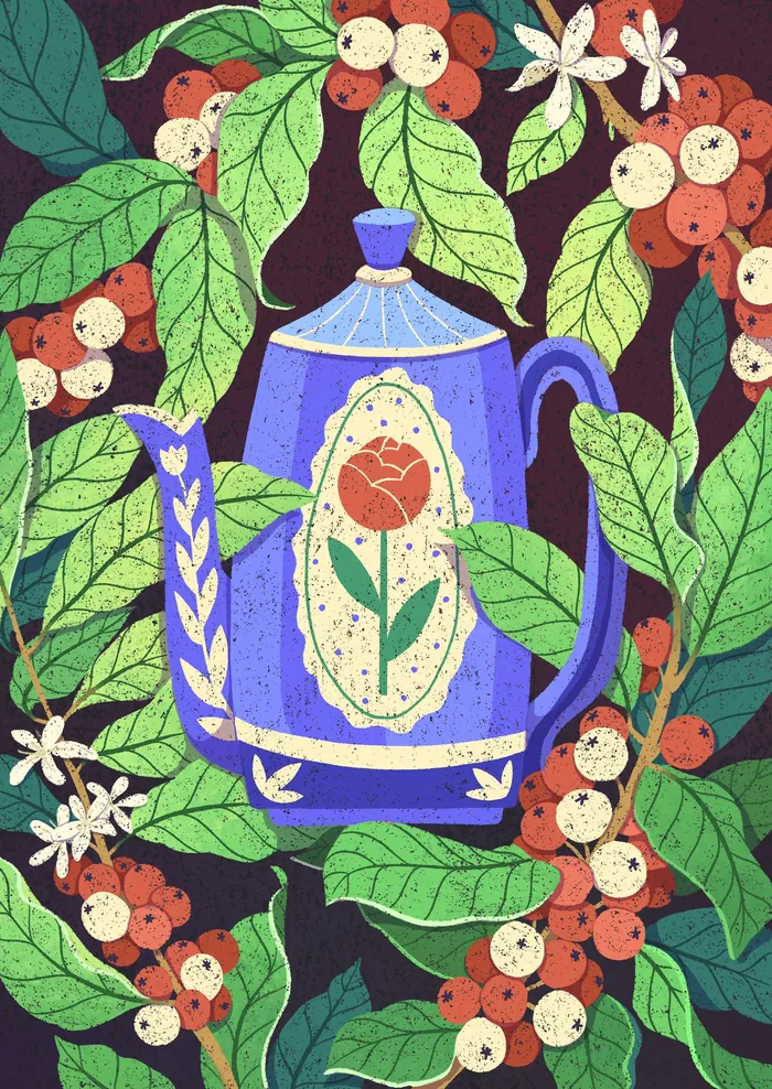 Blue teapot with rose design among coffee plant leaves and white flowers