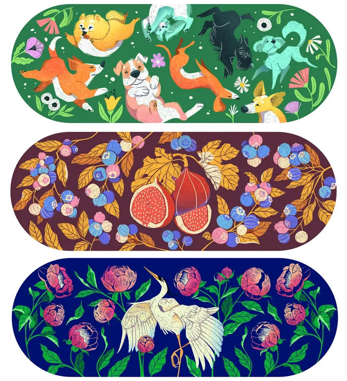 Three skateboard decks with dogs, fruit, and cranes artwork