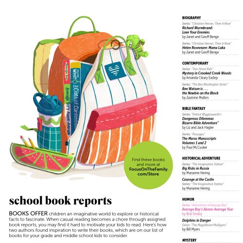 Illustration of a school bag with books, water bottle, and stationery