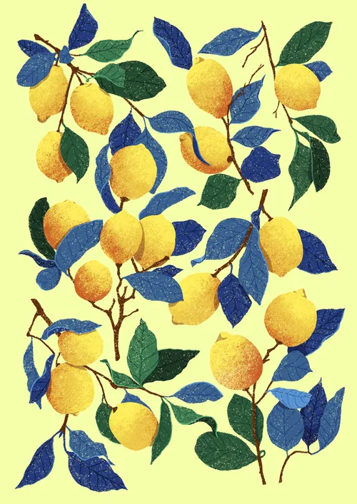 Pattern of yellow lemons with green and blue leaves on branches