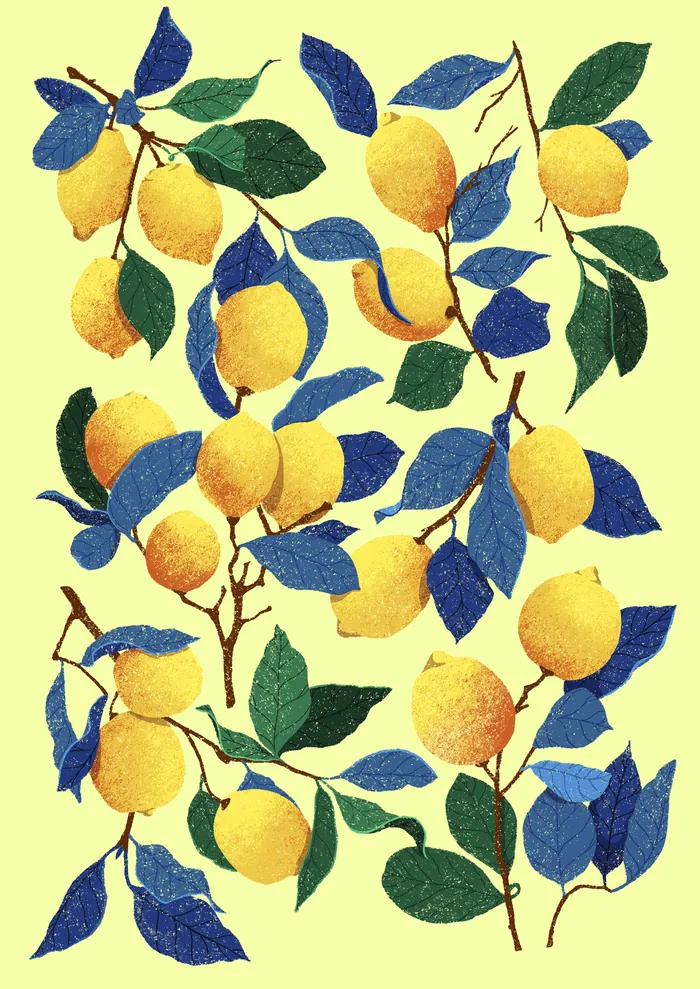 Pattern of yellow lemons with green and blue leaves on branches