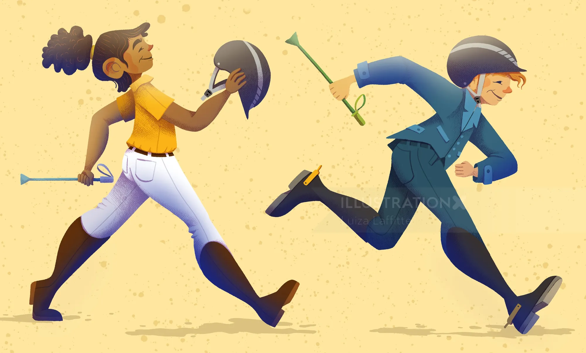 Two jockeys running, one holding helmet and crop, the other running fast