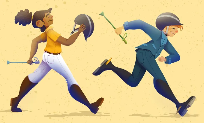 Two jockeys running, one holding helmet and crop, the other running fast