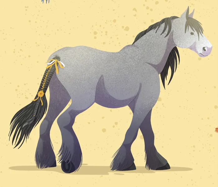 Gray horse with braided tail and feathered hooves standing sideways