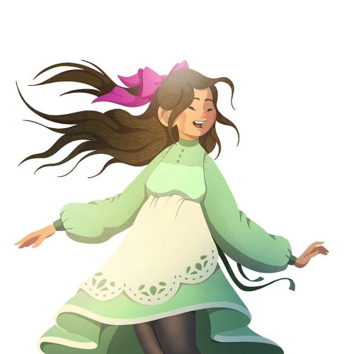 Happy girl twirling with brown hair, green dress, and pink bow