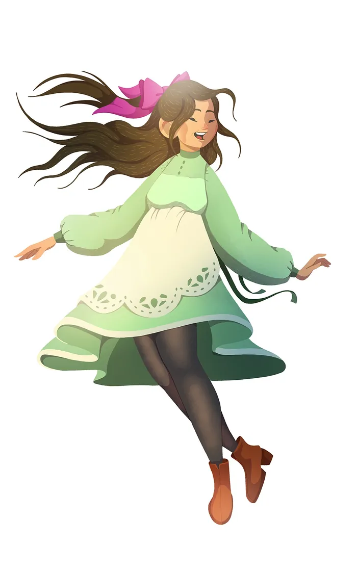 Happy girl twirling with brown hair, green dress, and pink bow
