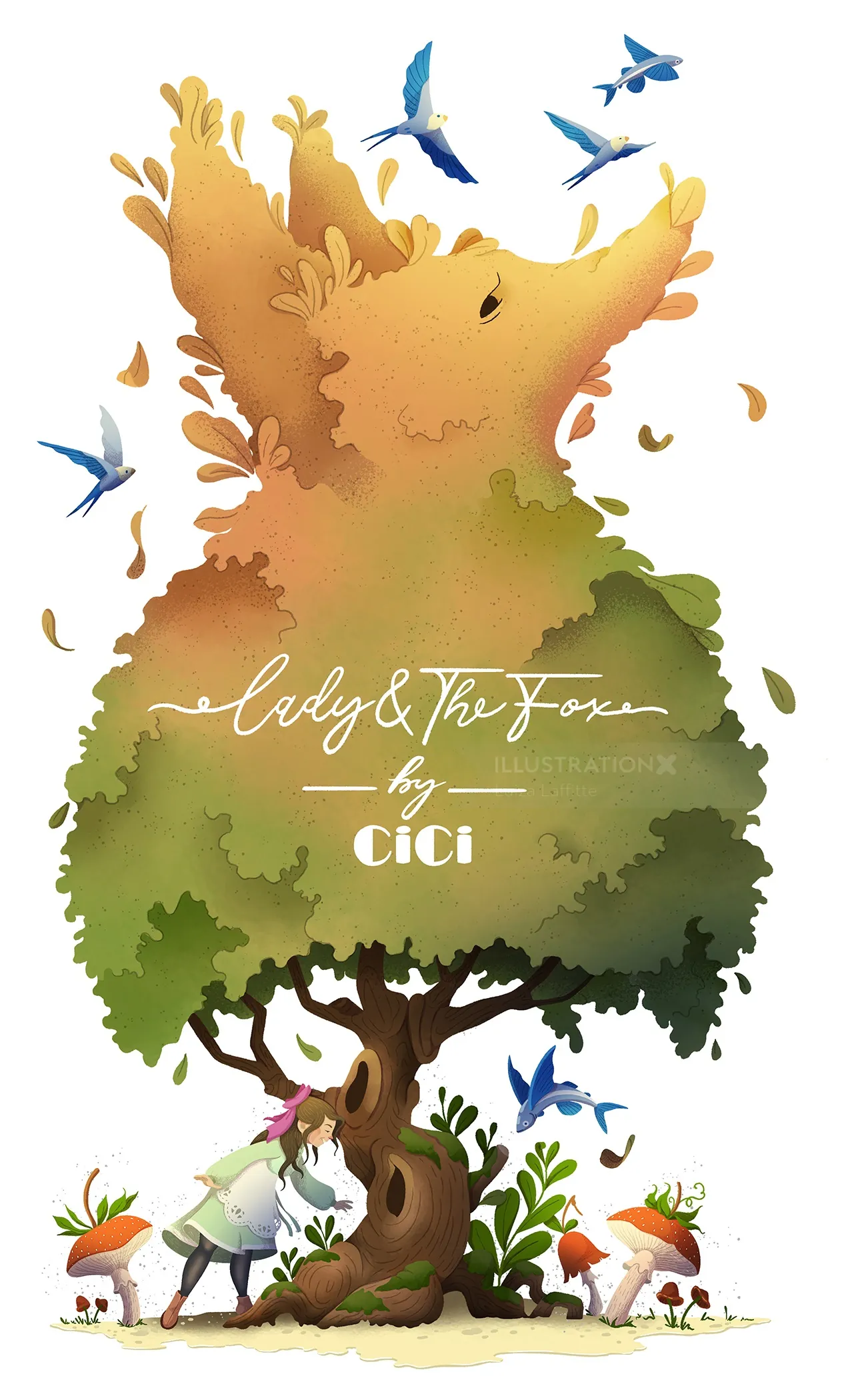 Tree shaped like a fox with birds flying around and small creatures below