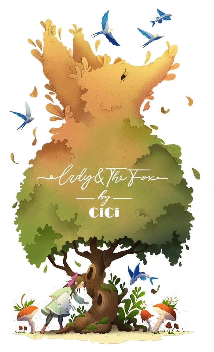 Tree shaped like a fox with birds flying around and small creatures below