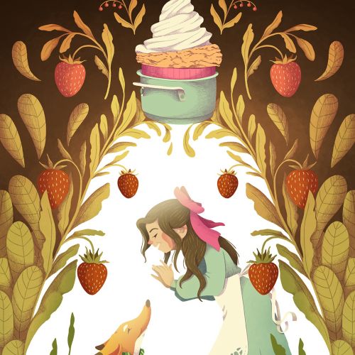 Girl and fox inside a bottle surrounded by strawberries and cream dessert.