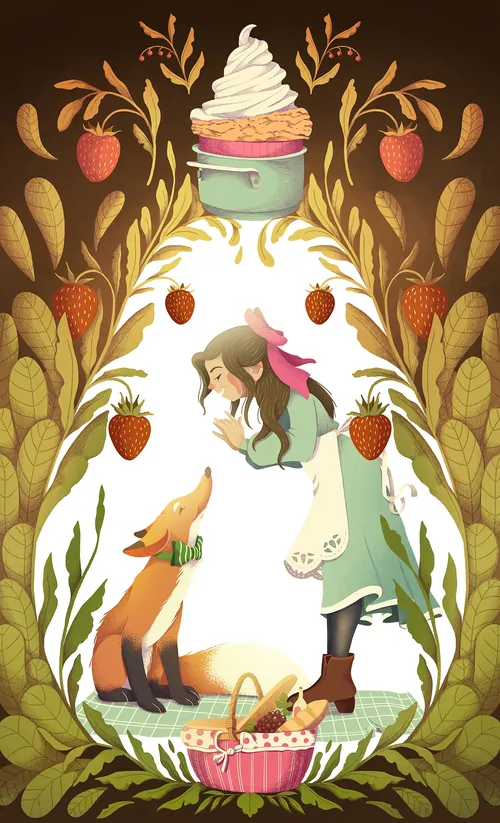 Girl and fox inside a bottle surrounded by strawberries and cream dessert.