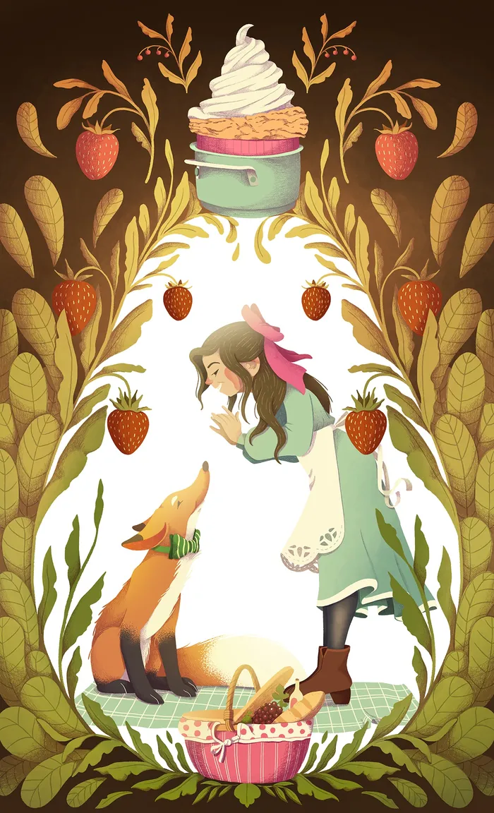 Girl and fox inside a bottle surrounded by strawberries and cream dessert.