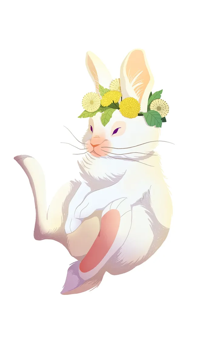 White rabbit with floral crown floating on white background