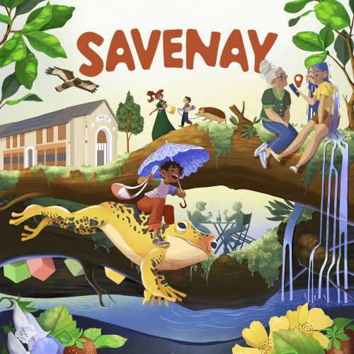 Illustration of people, animals, flowers, and nature in Savenay