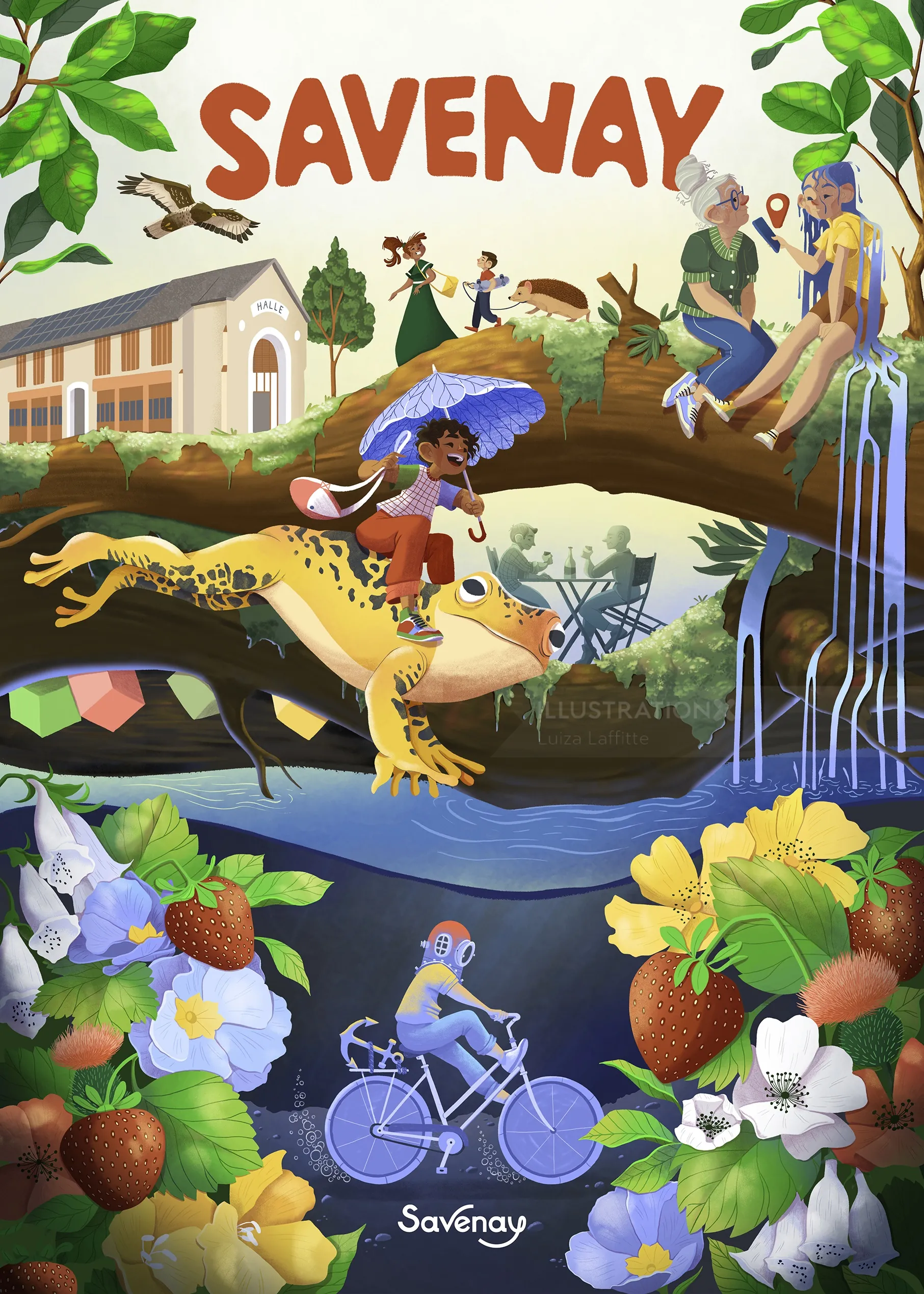 Illustration of people, animals, flowers, and nature in Savenay