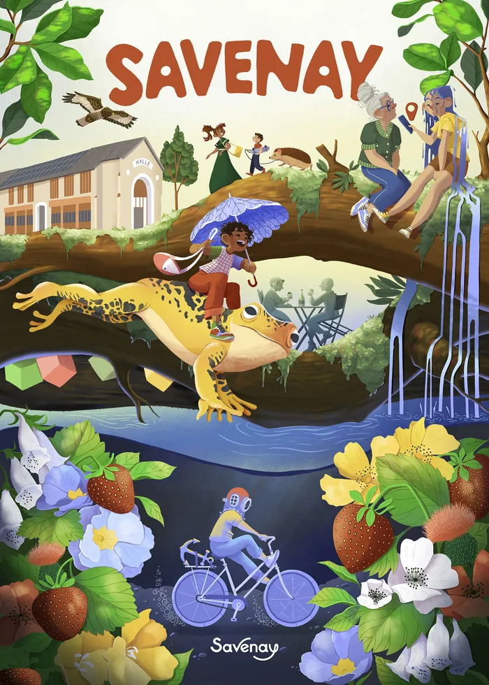 Illustration of people, animals, flowers, and nature in Savenay
