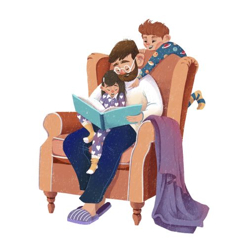Father reading a book with children on armchair