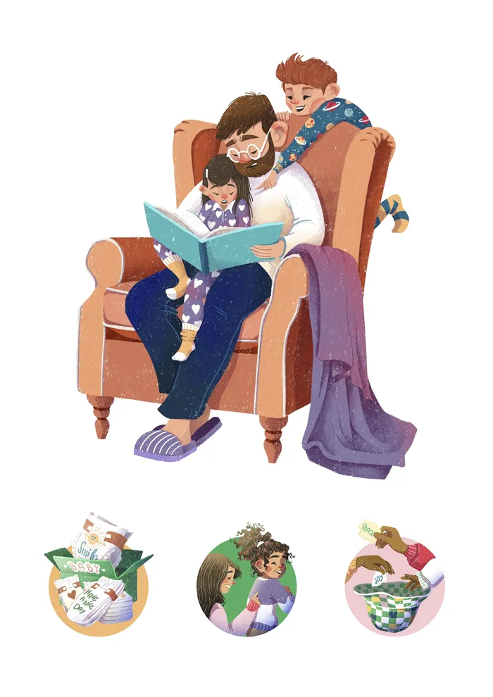 Father reading a book with children on armchair