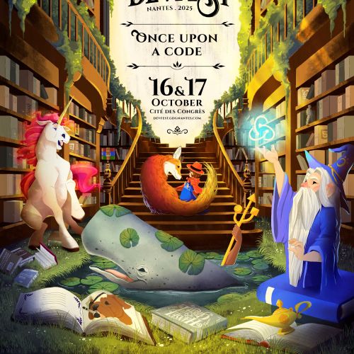 DevFest event poster with wizard, dragon, unicorn, and magical forest scene